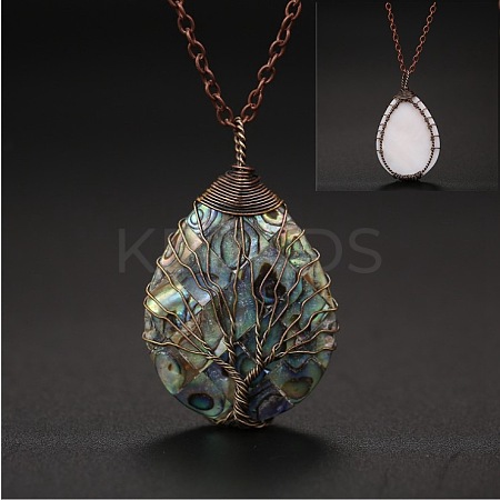 Natural Paua Shell Copper Wire Wrapped Tree of Life Teardrop Pendant Necklaces FS-WG9357B-02-1