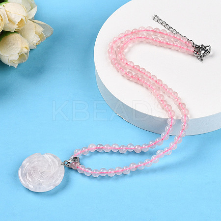 Natural Rose Quartz 4.5mm Round Beaded Flower Pendant Necklaces NJEW-T016-04O-1