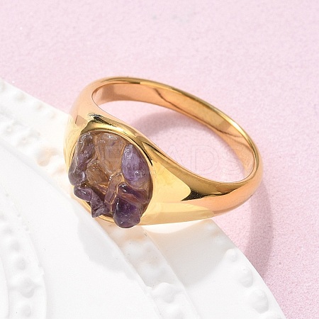 Round Natural Amethyst Chips Finger Rings RJEW-D303-03G-03-1
