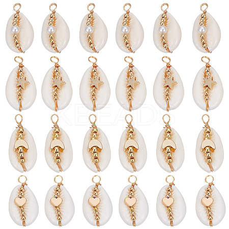24Pcs 4 Styles Natural Cowrie Shell Copper Wire Wrapped Pendants FIND-SC0014-23-1