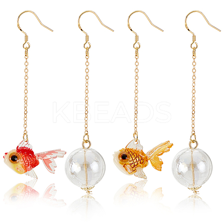 2 Pairs 2 Colors Resin Fish & Glass Ball Asymmetrical Earrings EJEW-AN0002-32-1