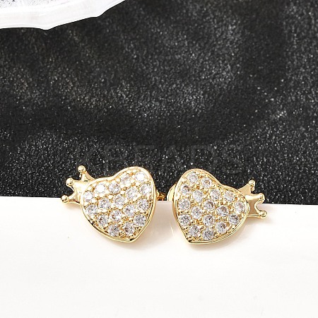 Heart Brass Micro Pave Clear Cubic Zirconia Stud Earrings EJEW-A135-11G-1