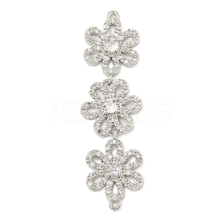 Brass Pave Clear Cubic Zirconia Three Flower Links Connector Charms KK-P277-61P-1