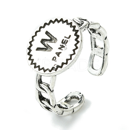 Flat Round with Word W Panel Alloy Open Cuff Finger Ring for Women RJEW-K275-14AS-1