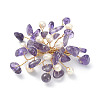 Natural Mixed Gemstone Chips & Pearl Beaded Flower Brooch Pin JEWB-BR00098-3