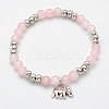 Natural Rose Quartz Beaded Elephant Charm Stretch Bracelets BJEW-JB01974-01-1