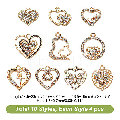 40Pcs 10 Styles Alloy Rhinestone Pendants ALRI-AR0001-10-1
