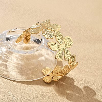 Ion Plating(IP) Flower 304 Stainless Steel Cuff Bangles for Women BJEW-A026-01G-02-1