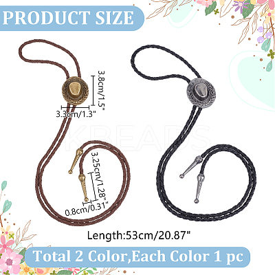 2Pcs 2 Colors Western Zinc Alloy Bolo Tie Cowboy Hat Lariat PU Leather Cord Necklaces NJEW-WR0001-03-1