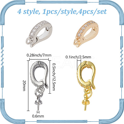 4Pcs 4 Styles Brass Micro Pave Clear Cubic Zirconia Fold Over Clasps KK-DR0001-12-1