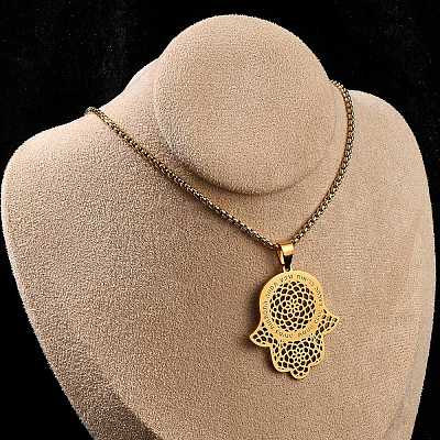 201 Stainless Steel Hollow Religion Hamsa Hand Pendant Necklaces NJEW-M086-01G-1
