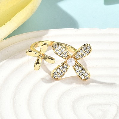 Brass Micro Pave Cubic Zirconia ABS Imitation Pearl Cuff Rings LS-RJEW-D307-02G-A-1