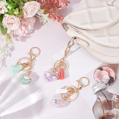 3Pcs 3 Colors Shell Starfish in Heart & Tassel Charm Acrylic Keychain HJEW-GO0001-01-1