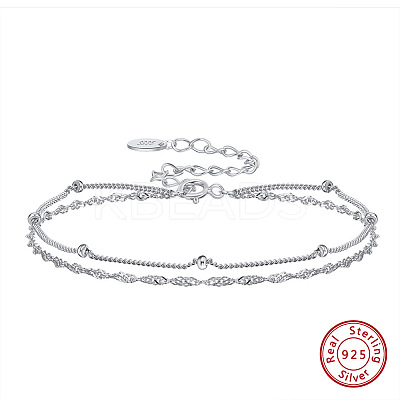 Rhodium Plated 925 Sterling Silver Rope & Satellite Chains Double-Layer Multi-strand Bracelet STER-M116-06P-1