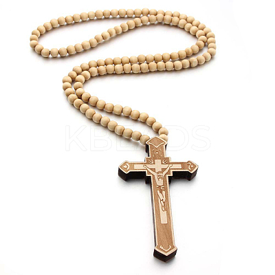 Wood Cross Pendant Necklace with Round Beaded Chains for Men Women RELI-PW0001-024A-1