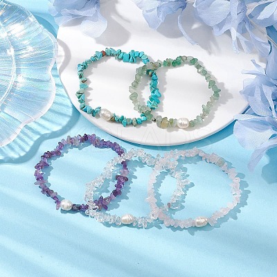 5Pcs 5 Styles Natural Rose Quartz & Quartz Crystal & Howlite & Green Aventurine & Amethyst Chip Beaded Stretch Bracelets for Women BJEW-JB10935-1