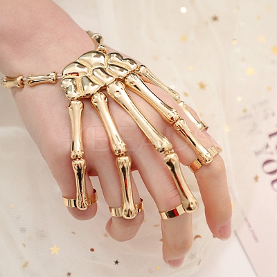 Halloween Themed Skull Alloy Full Hand Ring Bracelet BJEW-L680-01G-1