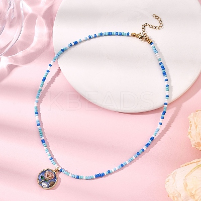 Flower Alloy Enamel Pendant Glass Seed Beaded Necklaces for Women NJEW-JN05550-03-1