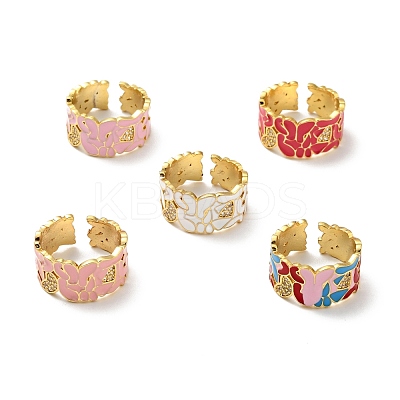 Enamel Butterfly and Heart Open Cuff Ring with Clear Cubic Zirconia RJEW-G254-02G-1