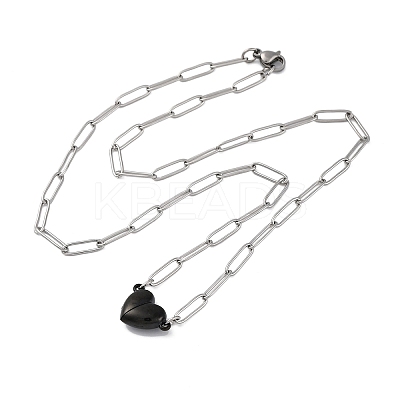 304 Stainless Steel Double-Sided Magnetic Heart Pendant Paperclip Chain Necklaces NJEW-U028-02B-1