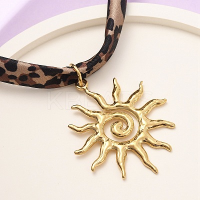 304 Stainless Steel Sun Pendant Leopard Print Polyester Cord Necklaces for Women NJEW-D340-04G-1