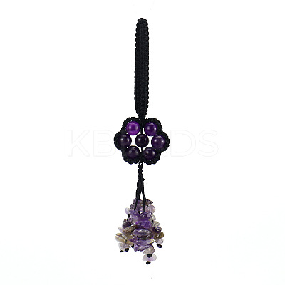 Flower Natural Amethyst Braided Thread Pendant Decorations HJEW-K046-04E-1