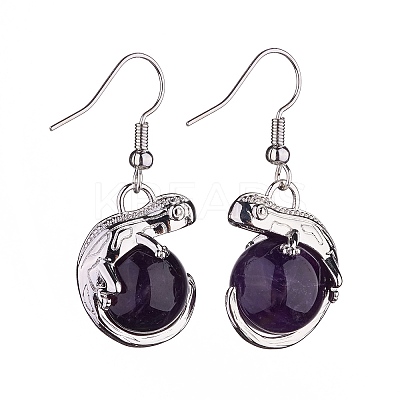 Natural Amethyst Chameleon Dangle Earrings with Crystal Rhinestone EJEW-A092-10P-07-1