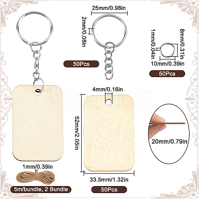 50Pcs Unfinished Natural Poplar Wood Pendants with 50Pcs Iron Split Key Rings with 50Pcs 304 Stainless Steel Jump Rings with 2 Bundle 2-Ply Jute Cord DIY-SP0001-67A-1