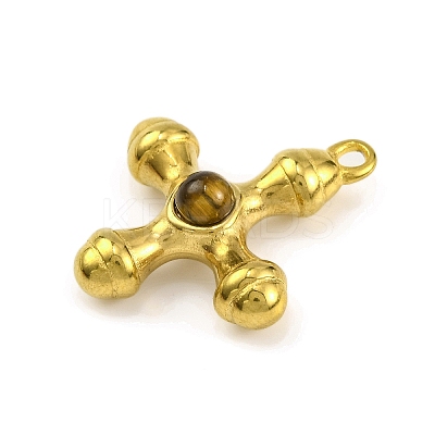 Natural Tiger Eye & 304 Stainless Steel Cross Pendants LS-STAS-H221-01G-08-1