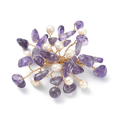 Natural Mixed Gemstone Chips & Pearl Beaded Flower Brooch Pin JEWB-BR00098-1