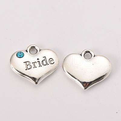 Wedding Theme Antique Silver Tone Tibetan Style Heart with Bride Rhinestone Charms TIBEP-N005-12A-1