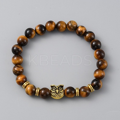 Natural Tiger Eye Round & Alloy Owl Beaded Stretch Bracelet for Women BJEW-WH0012-10A-1
