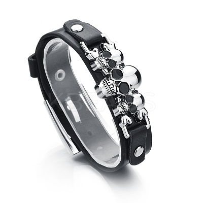 Stainless Steel Skull Link Bracelet with Cowhide Leather Cord for Men LS-SKUL-PW0004-29-1
