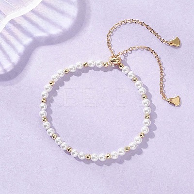 Shell Pearl & Brass Round Beaded Slider Bracelets BJEW-JB13324-01-1