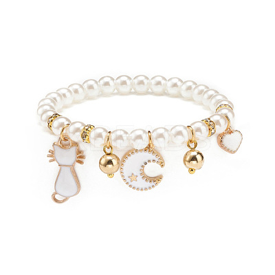 ABS Plastic Imitation Pearl Beaded Stretch Bracelet with Alloy Enamel Charms for Kids BJEW-JB08524-02-1