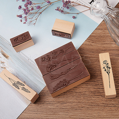 Plants and Flowers Style Wooden Rubber Stamps DIY-GF0001-30-1