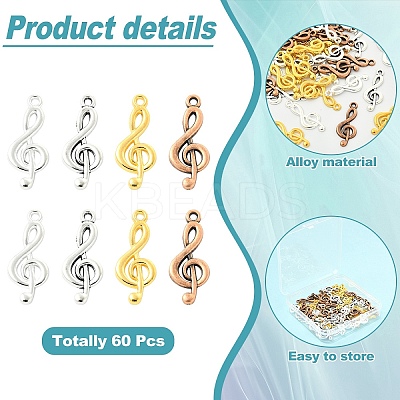 60Pcs 4 Colors Tibetan Style Treble Clef Pendants TIBEP-YW0002-09-1