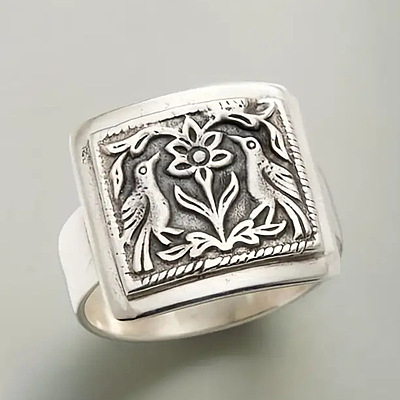 Rectangle with Bird & Flower Pattern Alloy Finger Rings FS-WGF2270-02-1