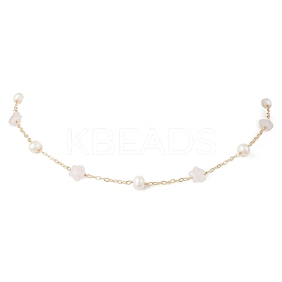 Natural Rose Quartz Star & Natural Freshwater Pearl & Brass Link Chain Necklaces NJEW-JN05687-01-1