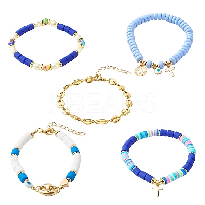 5Pcs 5 Style Handmade Polymer Clay Stretch & Brass Beaded & Alloy Link Chain Bracelets Set BJEW-SZ0001-66D-1