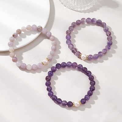 3Pcs Round Natural Lavender Amethyst & Amethyst & Pearl Beaded Stackable Stretch Bracelets Sets BJEW-JB12994-1