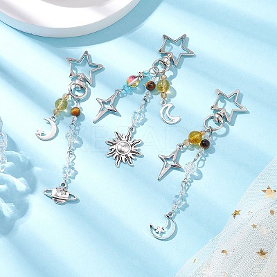 Natural Quartz Crystal Beads with Natural Grade AB Tiger Eye Beads and Glass Beads and Alloy Charms Decorations HJEW-JM03031-1