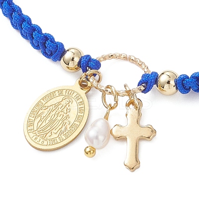 Oval with Virgin Mary & Cross 304 Stainless Steel & Natural Freshwater Pearl Charm Bracelets BJEW-JB12928-01-1