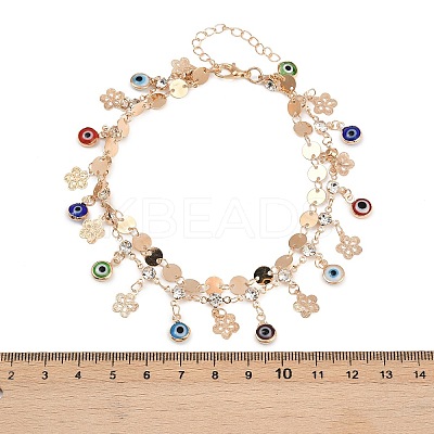 Alloy Crystal Rhinestone Disc Resin Evil Eye Tassel Double Layer Anklets for Women AJEW-A069-02G-1