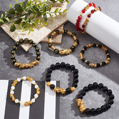 8Pcs 8 Styles Resin Imitation Gemstone & Alloy Pixiu Beaded Stretch Bracelets Set BJEW-AN0001-41-1