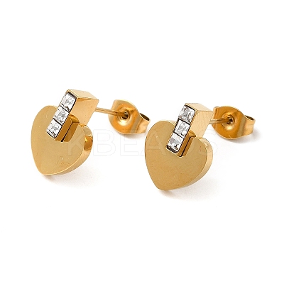 Ion Plating(IP) 304 Stainless Steel Heart Stud Earrings with Rhinestone STAS-D089-17G-1