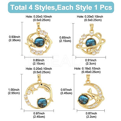 4Pcs 4 Styles Brass Micro Pave Clear Cubic Zirconia with Glass Pendants KK-YW0003-02-1