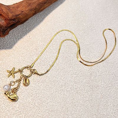 Beach 304 Stainless Steel Starfish Whale Pendant Necklaces NJEW-D337-01G-1