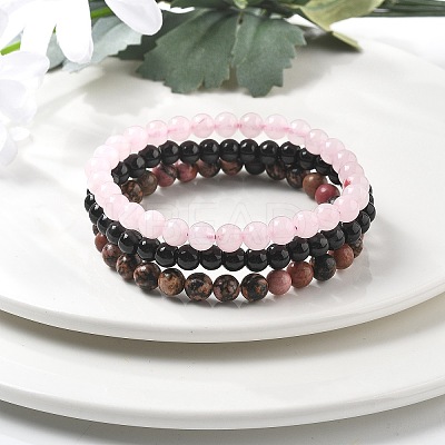 3Pcs 3 Style Natural Rhodonite & Black Agate & Rose Quartz Round Beaded Stretch Bracelets Set PW23030761414-1