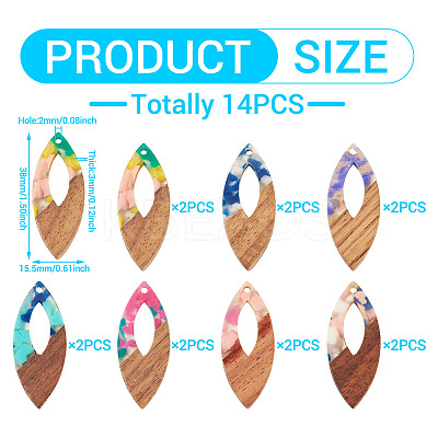 14Pcs 7 Colors Resin and Walnut Pendants FIND-TA0006-36A-1